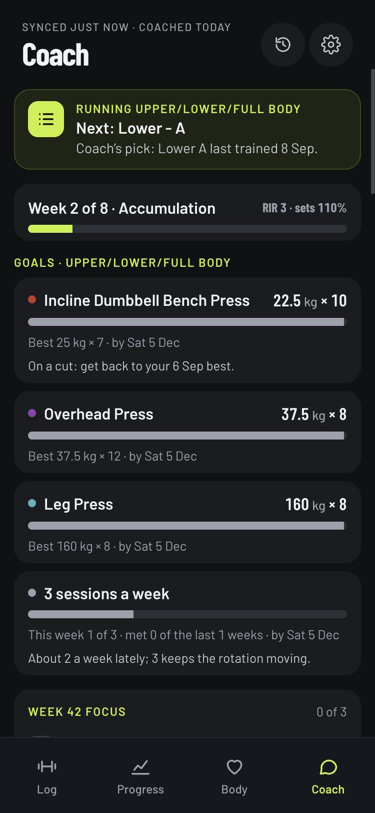 Coach screen: running Upper/Lower/Full body, week 2 of 8, accumulation