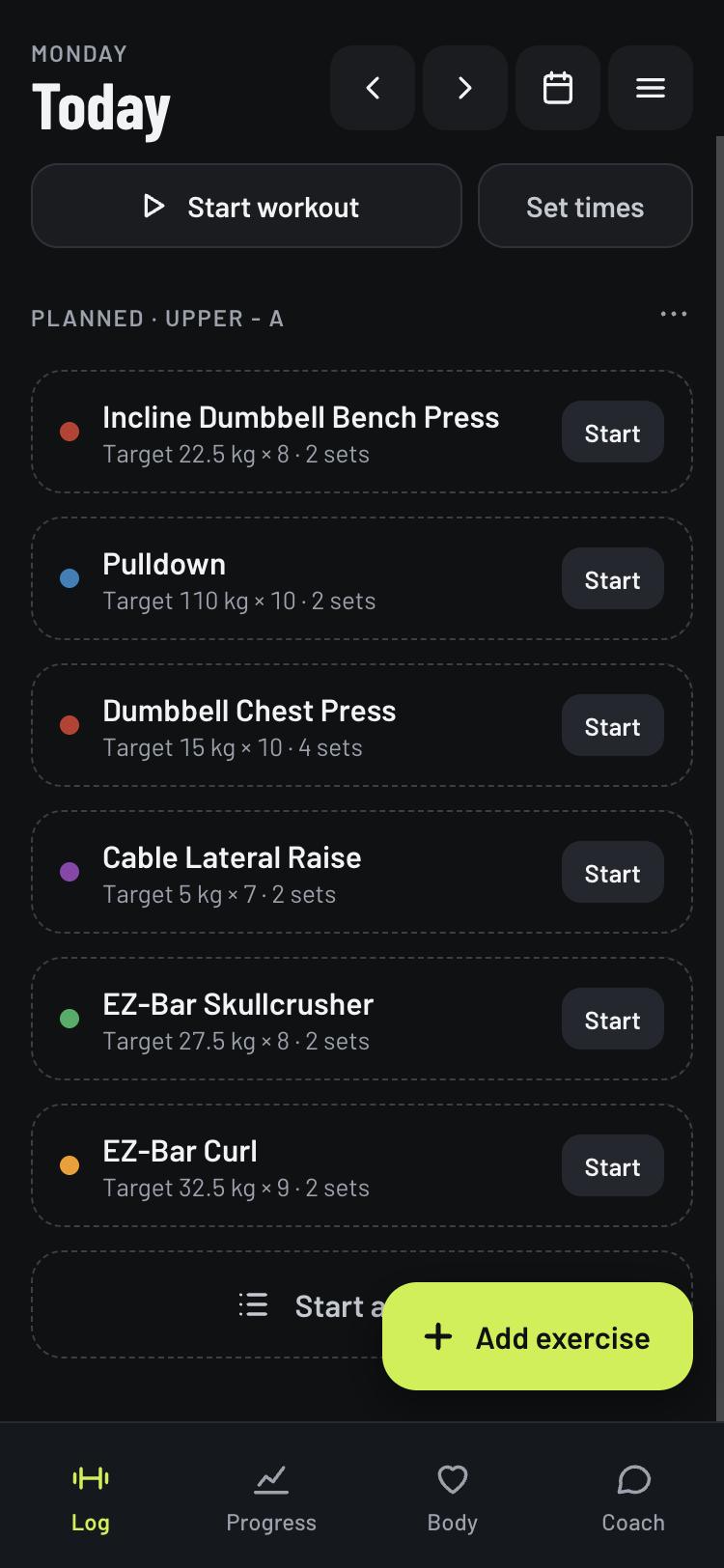 Today's planned exercises with targets